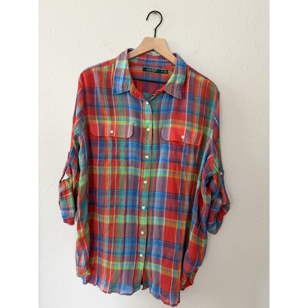 Ralph Lauren Womens Plus Size 2X 100% Cotton Shirt Madras Plaid Roll Tab Sleeve